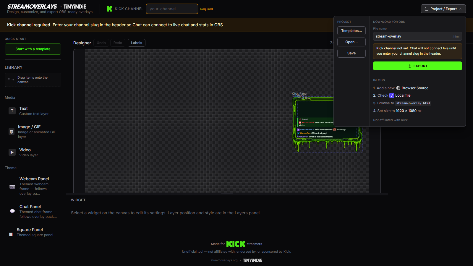 Builder Project and Export menu open with HTML and ZIP download options