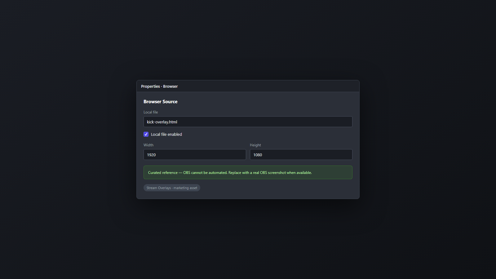 OBS Browser Source properties with Local file enabled pointing at an exported overlay HTML file
