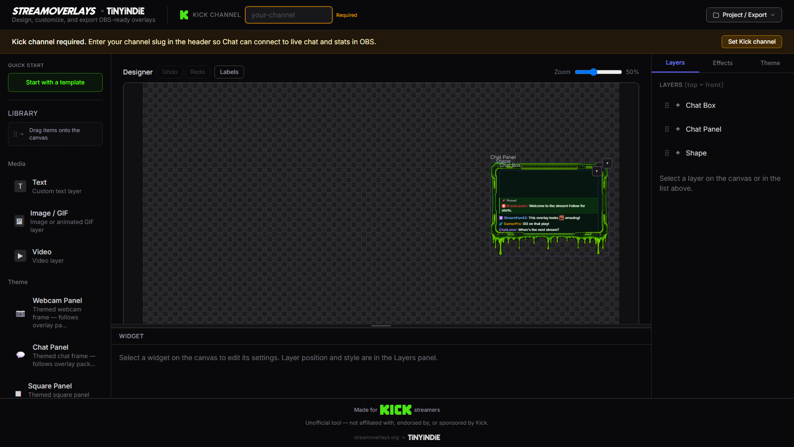 Stream overlay generator — make a Kick-ready overlay for OBS tonight