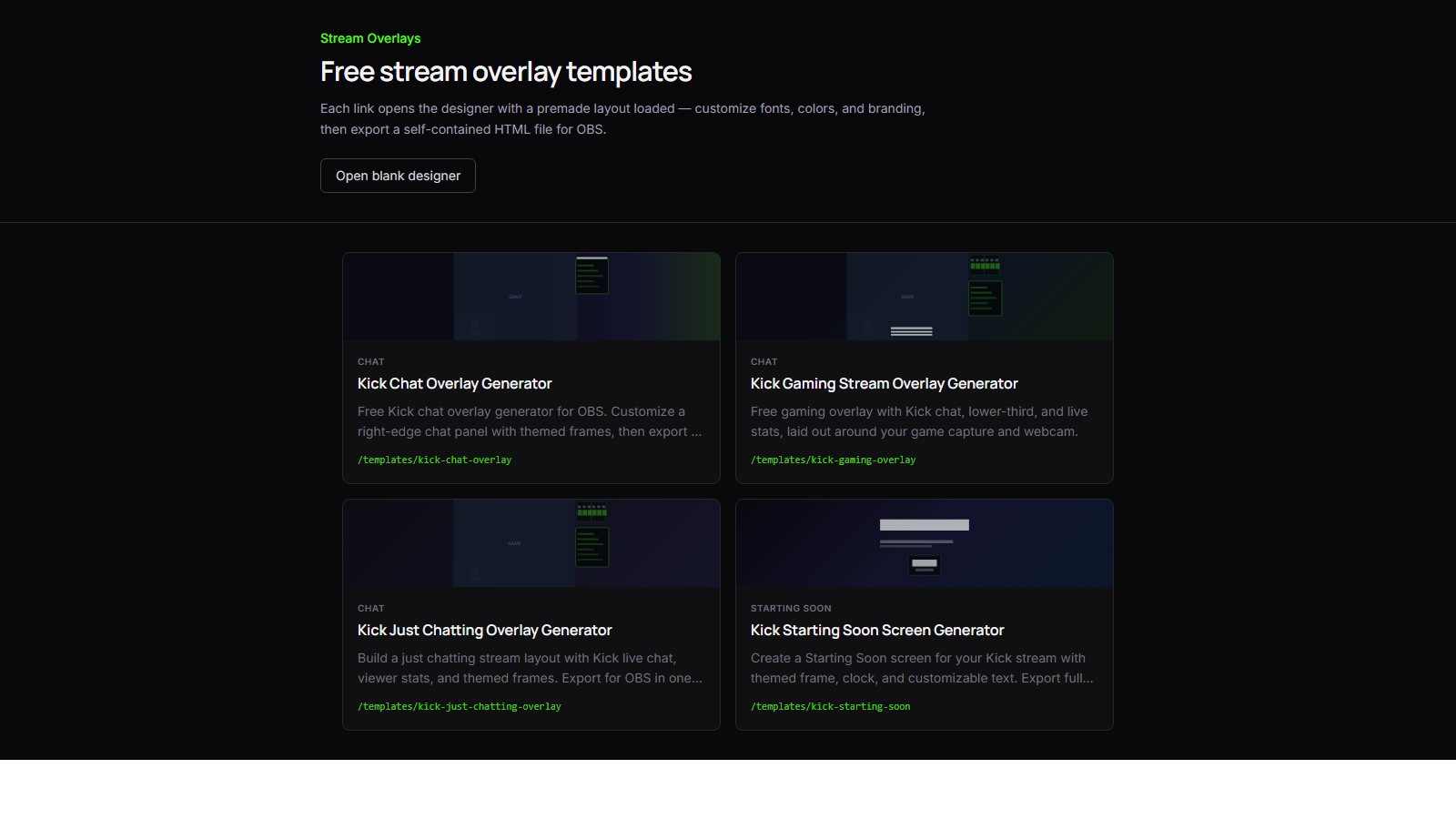 Templates hub showing Kick chat, Just Chatting, gaming, and Starting Soon overlay cards